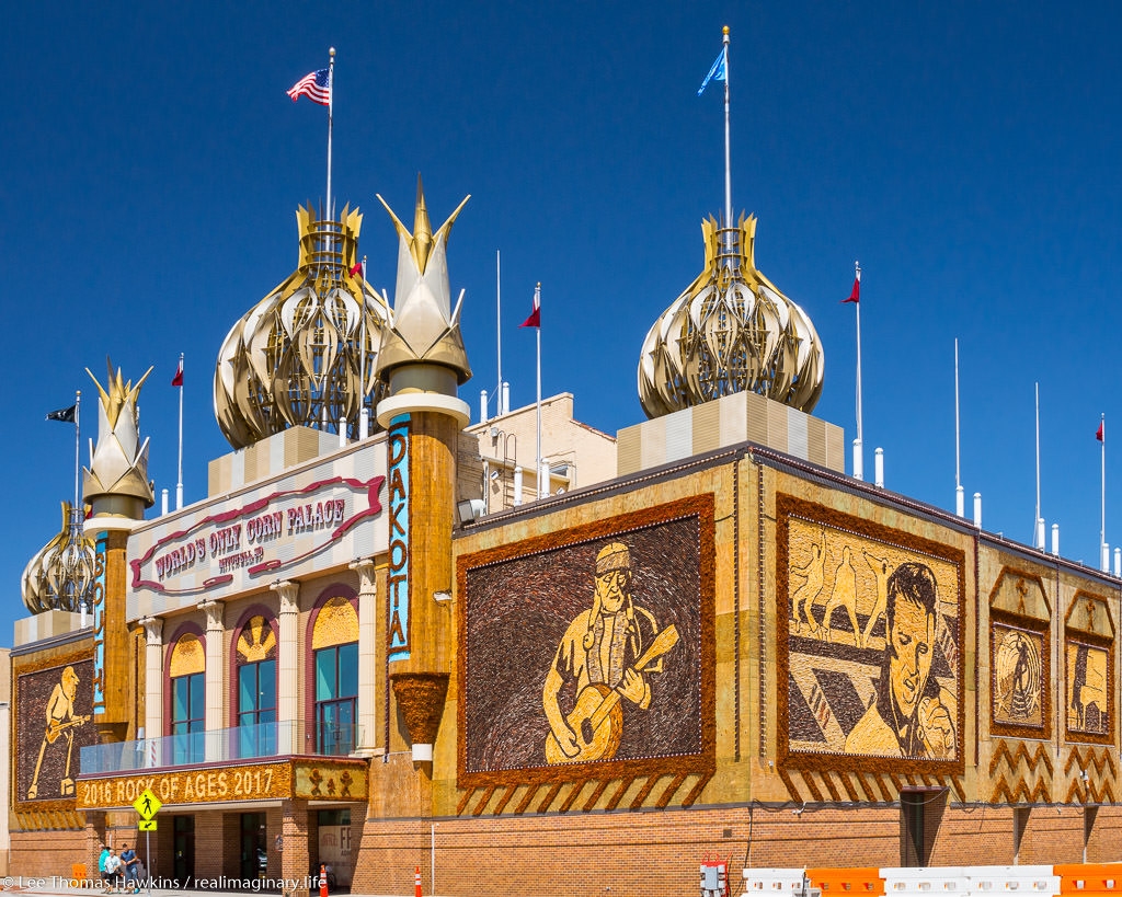 The Corn Palace in Mitchell, South Dakota decorated in crop art for 2016-2017 with the "Rock of Ages" theme, featuring the likenesses of recording artists Willie Nelson and Elvis Presley