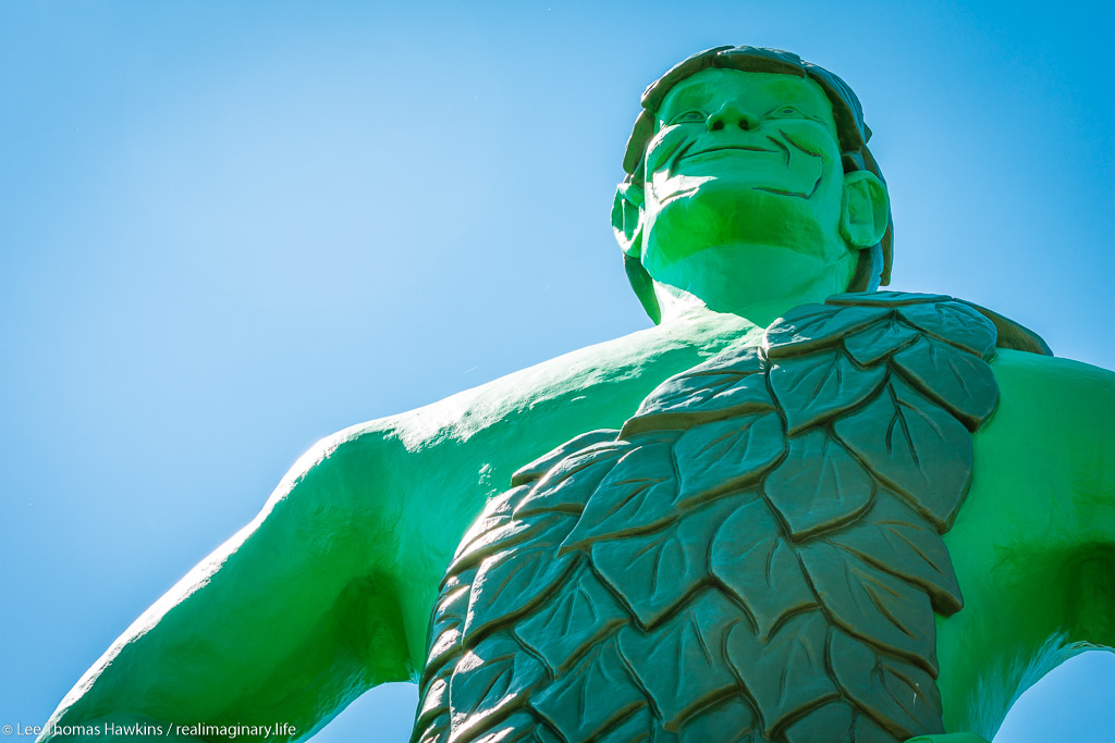 A 60-foot tall statue of the Jolly Green Giant was erected just off I-90 in 1978 to celebrate the Green Giant company's history in Blue Earth, Minnesota. The "Giant Days" festival is held at the nearby fairgrounds here each July.