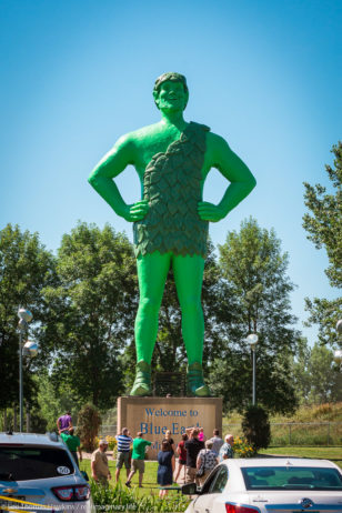 People gather at Green Giant Statue Park in Blue Earth, Minnesota to photograph a 60-foot tall statue of the Jolly Green Giant.