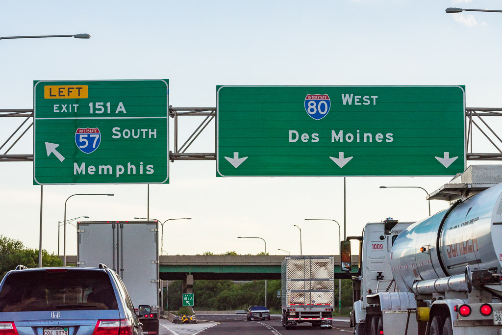 Traffic flows freely on I-80 West at the I-57 South junction in Country Club Hills, Illinois near Chicago.