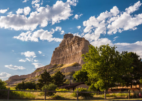 Scotts Bluff towers several hundred feet above Mitchell Pass in Western Nebraska's Wildcat Hills.