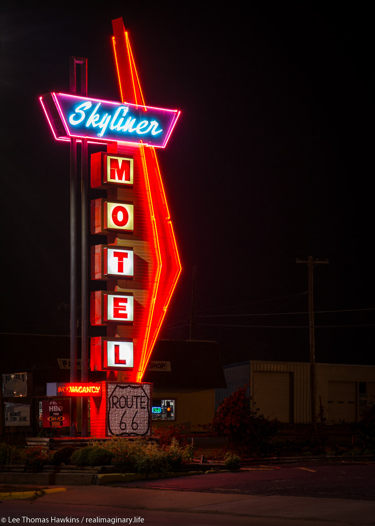 The Skyliner Motel and its classic neon sign survived the F3 tornado that ripped through Stroud, Oklahoma in 1999.