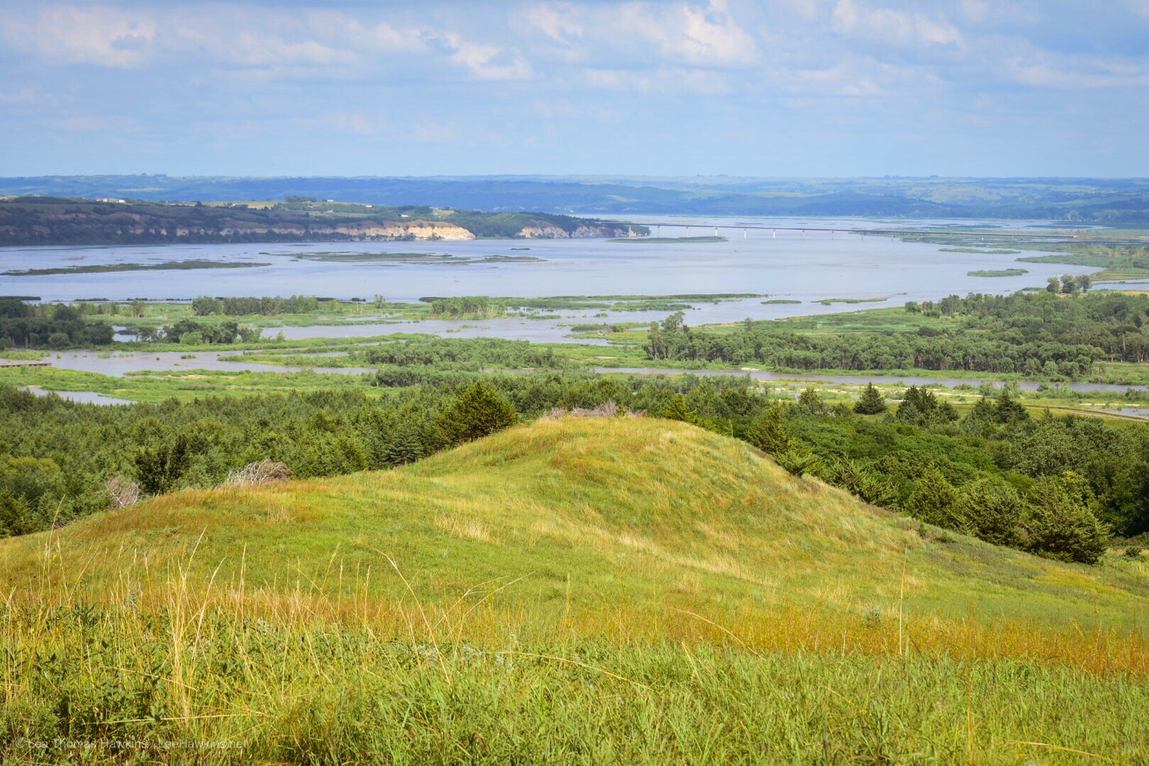 The flooded Missouri River at its confluence with the Niobrara River from a scenic overlook in Niobrara State Park in Nebraska.