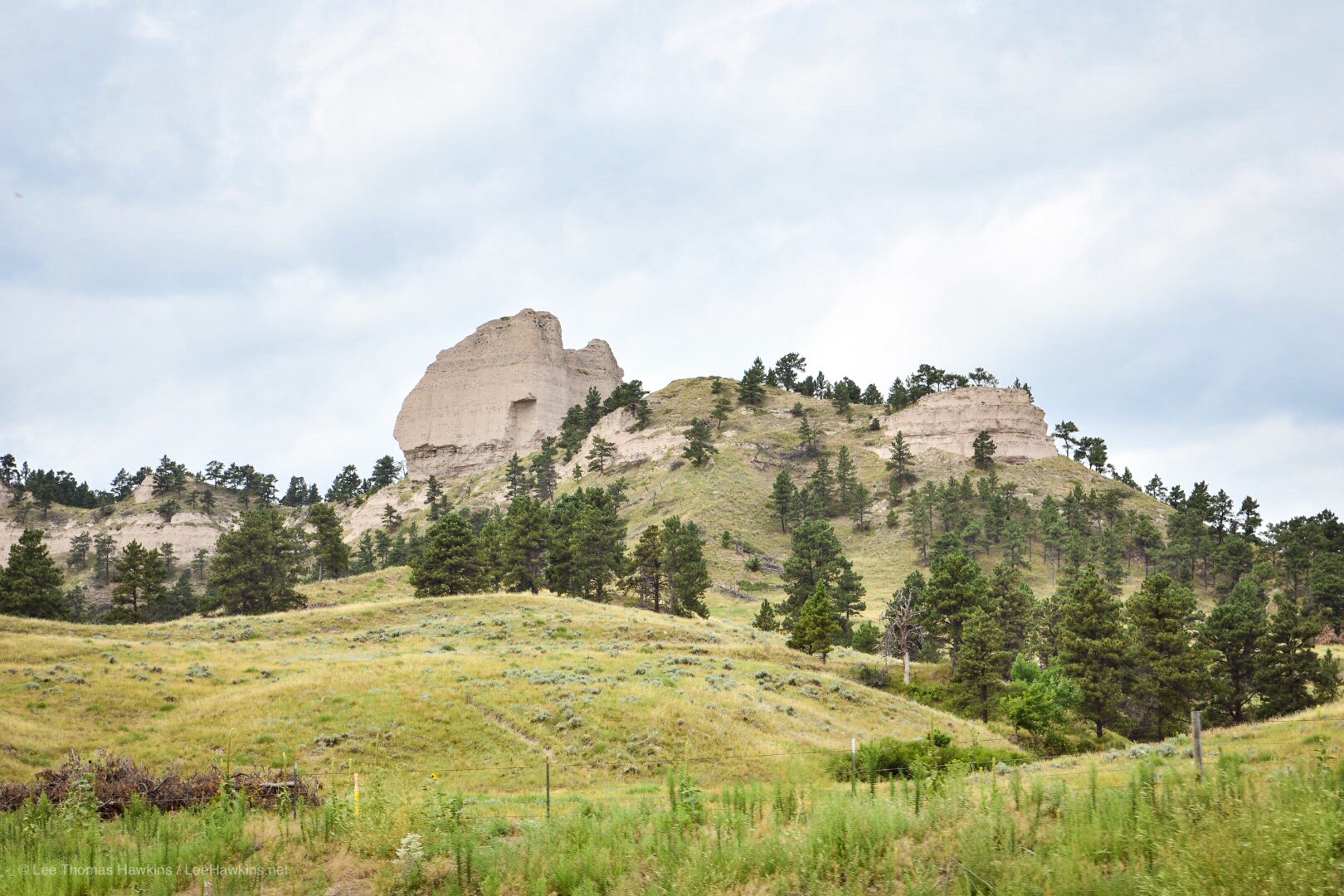 Light-colored hagged rocks crop out of the top of grassy buttes